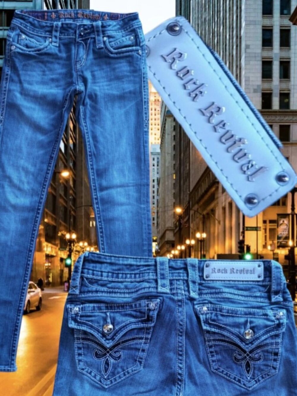 Rock Revival Jasmine Skinny Blue Jeans Womens Sz 26 (26x31) Stretch Rhinestone
